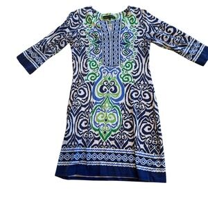 Barbara Erickson Blue & Green Printed Shift Dress